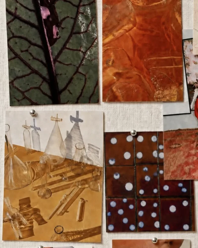 Moodboard of a leaf, amber texture, lab glassware and dotted tiles